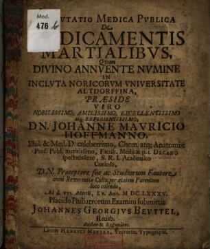 Disputatio Medica Publica De Medicamentis Martialibus