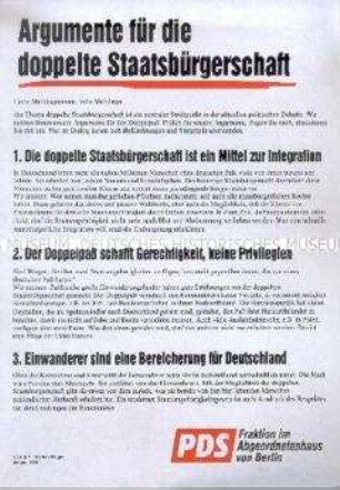 Propagandaflugblatt mit dem Text des Antrags der PDS-Fraktion im Abgeordnetenhaus von Berlin für die doppelte Staatsbürgerschaft
