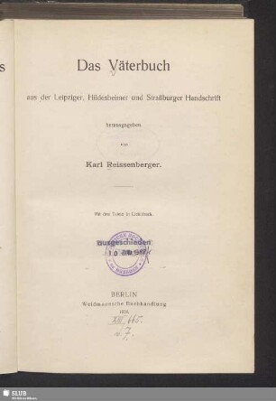 Das Väterbuch : aus der Leipziger, Hildesheimer und Strassburger Handschrift