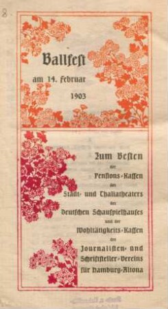 Ballfest am 14. Februar 1903 : zum Besten der Pensionskassen des Stadt- und Thaliatheaters, des Deutschen Schauspielhauses und der Wohltätigkeits-Kassen des Journalisten- und Schriftsteller-Vereins für Hamburg-Altona