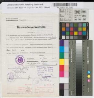 Bauwerksverzeichnis und Nachweisung der bei der Umwandlung des Bahnüberganges Nirgena Straße in km 9,985 der Strecke Hagen Abzweigstelle Weidestraße-Ennepetal-Altenvoerde in einen Fußwegübergang berührten Wege- und Vorflutverhältnisse, nebst Bezeichnung der für die entworfenen baulichen Anlagen, o. M. Stnr.: 83, Iwü, Bunr.: 14, Blnr.: 1