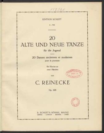 20 alte und neue Tänze für die Jugend : für Klavier zu zwei Händen : Op. 228