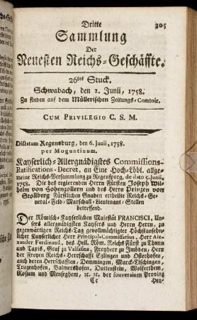 26tes Stuck. Schwabach, den 2. Junii, 1758.