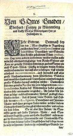 Mandat von Herzog Eberhard zum Münzwesen (zur Veröffentlichung eines Münzabschieds nach dem Probationstag im Mai in Regensburg)
