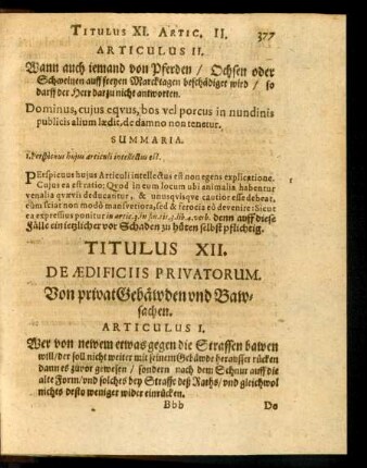 Titulus XII. De Aedificiis Privatorum. Von privat Gebäwden und Bawsachen.