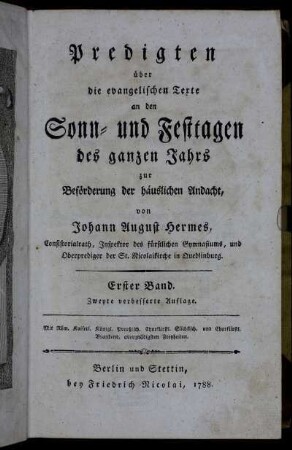 1: Predigten über die evangelischen Texte an den Sonn- und Festtagen des ganzen Jahrs zur Beförderung der häuslichen Andacht. Bd. 1