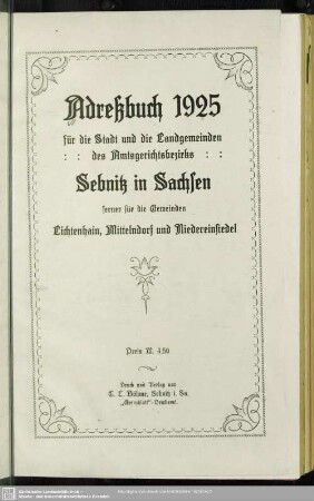 1925: Adreßbuch ... für die Stadt und die Landgemeinden des Amtsgerichtsbezirks Sebnitz in Sachsen ferner für die Gemeinden Lichtenhain, Mittelndorf und Niedereinsiedel : Auf Grund amtl. Unterlagen bearb. und hrsg.
