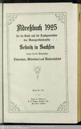 1925: Adreßbuch ... für die Stadt und die Landgemeinden des Amtsgerichtsbezirks Sebnitz in Sachsen ferner für die Gemeinden Lichtenhain, Mittelndorf und Niedereinsiedel : Auf Grund amtl. Unterlagen bearb. und hrsg.