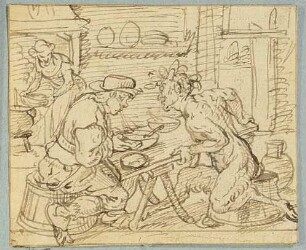 Landmann und Satyr, Nachzeichnung einer Illustration in De warachtighe Fabulen der Dieren. Brügge 1567, S. 60