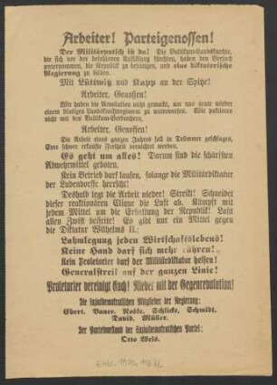 Arbeiter! Parteigenossen! : Der Militärputsch ist da!