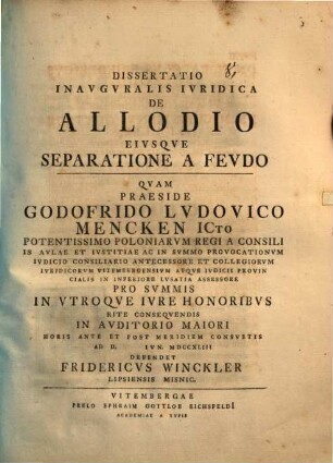 Dissertatio Inavgvralis Ivridica De Allodio Eivsqve Separatione A Fevdo