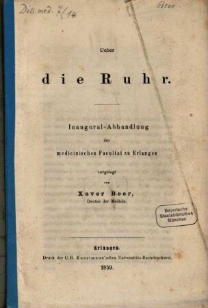 Ueber die Ruhr : Inaugural-Abhandlung der medicinischen Facultat zu Erlangen