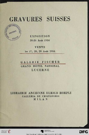 Auktion / Galerie Fischer: Gravures suisses : vente les 27, 28, 29 Août 1934