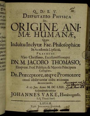 Disputatio Physica De Origine Animae Humanae