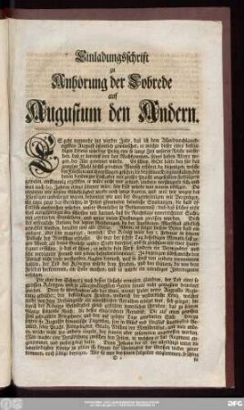 Einladungsschrift zu Anhörung der Lobrede auf Augustum den Andern.