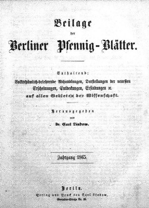 Beilage der Berliner Pfennig-Blätter