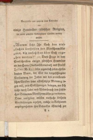 Vorrede und zugleich auch Anrede an einige Hausväter jüdischer Religion ...