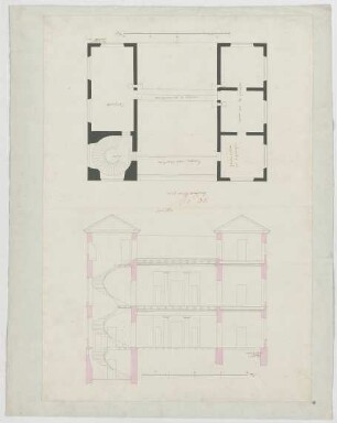 Fischer, Carl von; München; Palais Degenfeld - Grundriss 2. OG, Längsschnitt