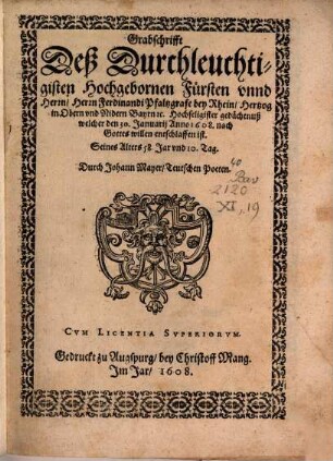 Grabschrift deß ... Ferdinandi Pfalzgrafen bey Rhein