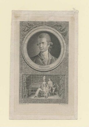 "Werther". Idealportrait Werthers in Medaillon, darunter Szene mit Werthers Abschied von Albert und Lotte