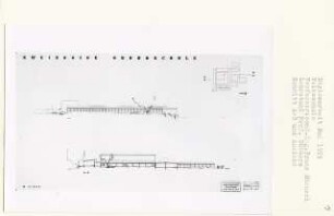 Zweizügige Grundschule (Diplomarbeit bei Kurt Dübbers): Ansicht von Norden und Schnitt 1:200