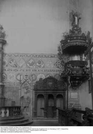 ehem. Dominikanerkirche; Innenaufnahme: Kanzel, Grabmal des Engelhard VIII von Weinsberg (+1417), Wappenfries