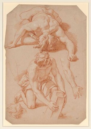 Vouet, Simon: Zeichnungen II, Blatt 25: Am Boden liegender Mann, kniender Mann mit einem Gegenstand, Kopf - BSB Cod.icon. 397 b(25