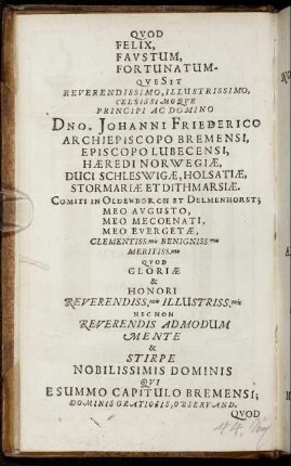 ... Dno Johanni Friederico Archiepiscopo Bremensi ...