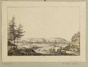 Stadtansicht von Chemnitz von der Zschopauer Straße im Südosten, rechts Baums Restauration (Ball- und Konzert-Etablissement), aus Richters "70 Mahlerischen An- und Aussichten ..."
