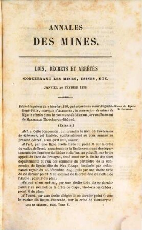 Annales des mines. Partie administrative : ou recueil de lois, décrets, arrêtés et autres actes concernant les mines .... 5. 1856