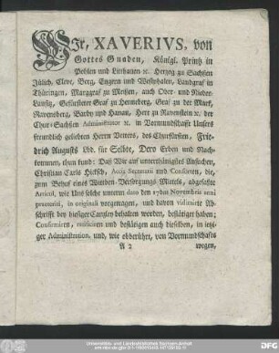 Wir, Xaverius, von Gottes Gnaden, ...