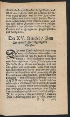 Der XV. Artickel/ Vom Creutz und Verfolgung der Christen.