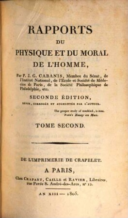 Rapports du physique et du moral de l'homme, 2