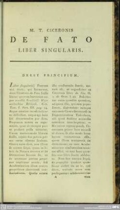 M. T. Ciceronis De Fato Liber Singularis