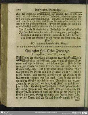 Am ersten Heil. Oster-Tage. Evangelium, Marc. XVI, 1 - 8