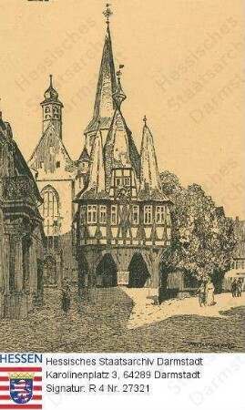 Michelstadt im Odenwald, Marktplatz mit Rathaus, Pfarrkirhe und Portal des Hauses zum Löwen