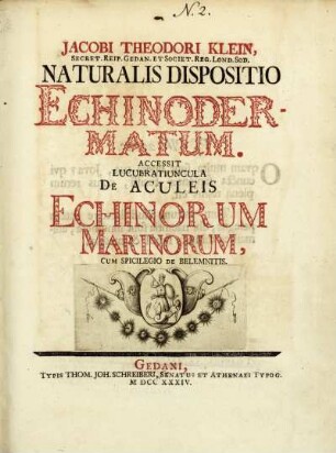 Jacobi Theodori Klein, Secret. Reip. Gedan. et Societ. Reg. Lond. Sod. Naturalis Dispositio Echinodermatum