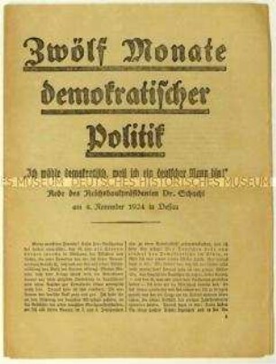 Flugschrift mit einer Rede von Hjalmar Schacht am 4. November 1924 in Dessau und Aufruf zur Reichstagswahl am 7. Dezember 1924