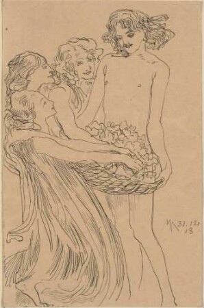 Neujahrskarte / Postkarte für 1914, Jüngling mit Korb, von drei Mädchen umringt