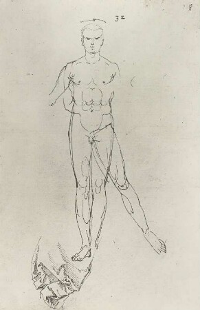 Mann ohne linken Arm von vorn mit verschiedenen Arm- und Beinstellungen sowie Gewandstudie : Dresdner Skizzenbuch (1507/1528). Mann ohne linken Arm von vorn mit verschiedenen Arm- und Beinstellungen sowie Gewandstudie (aus: R. Bruck: Das Skizzenbuch von Albrecht Dürer, Straßburg 1905, Tafel 51, Blatt 128r, Str. 65, Kriegsverlust). Dresden: SLUB Mscr.Dresd.R.147.f