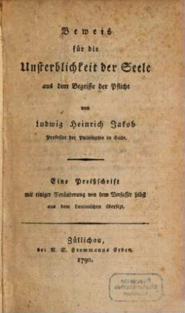Beweis für die Unsterblichkeit der Seele aus dem Begriffe der Pflicht
