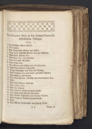 Specification derer in der kleinen Chatouille befindlichen Münzen