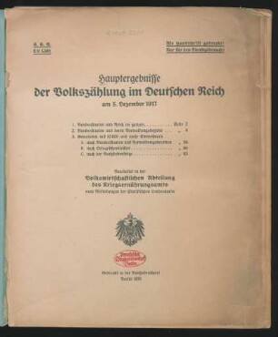 Hauptergebnisse der Volkszählung im Deutschen Reich am 5. Dezember 1917