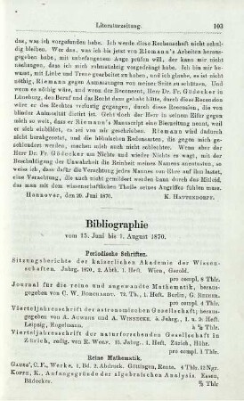 Bibliographie vom 15. Juni bis 1. August 1870.