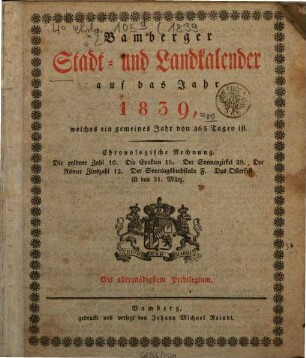 Bamberger Stadt- und Landkalender : auf das Jahr .... 1839, 1839