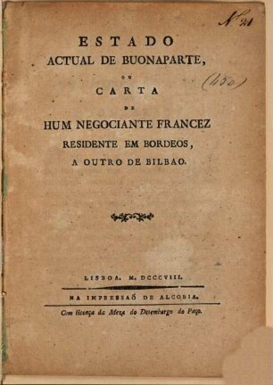 Estado Actual De Buonaparte, Ou Carta De Hum Negociante Francez Residente Em Bordeos, A Outro De Bilbao