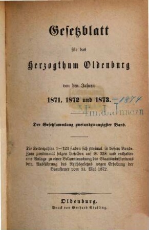 Gesetzblatt für das Herzogtum Oldenburg : von den Jahren .... 22. 1871/73