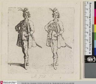 [Zwei Darstellungen eines ungarischen Soldaten nebeneinander, ausgeführt und als Strichzeichnung; Deux figures...]