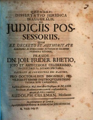 Diss. iur. inaug. de iudiciis possessoriis