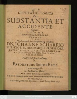 Disputatio Logica De Substantia Et Accidente